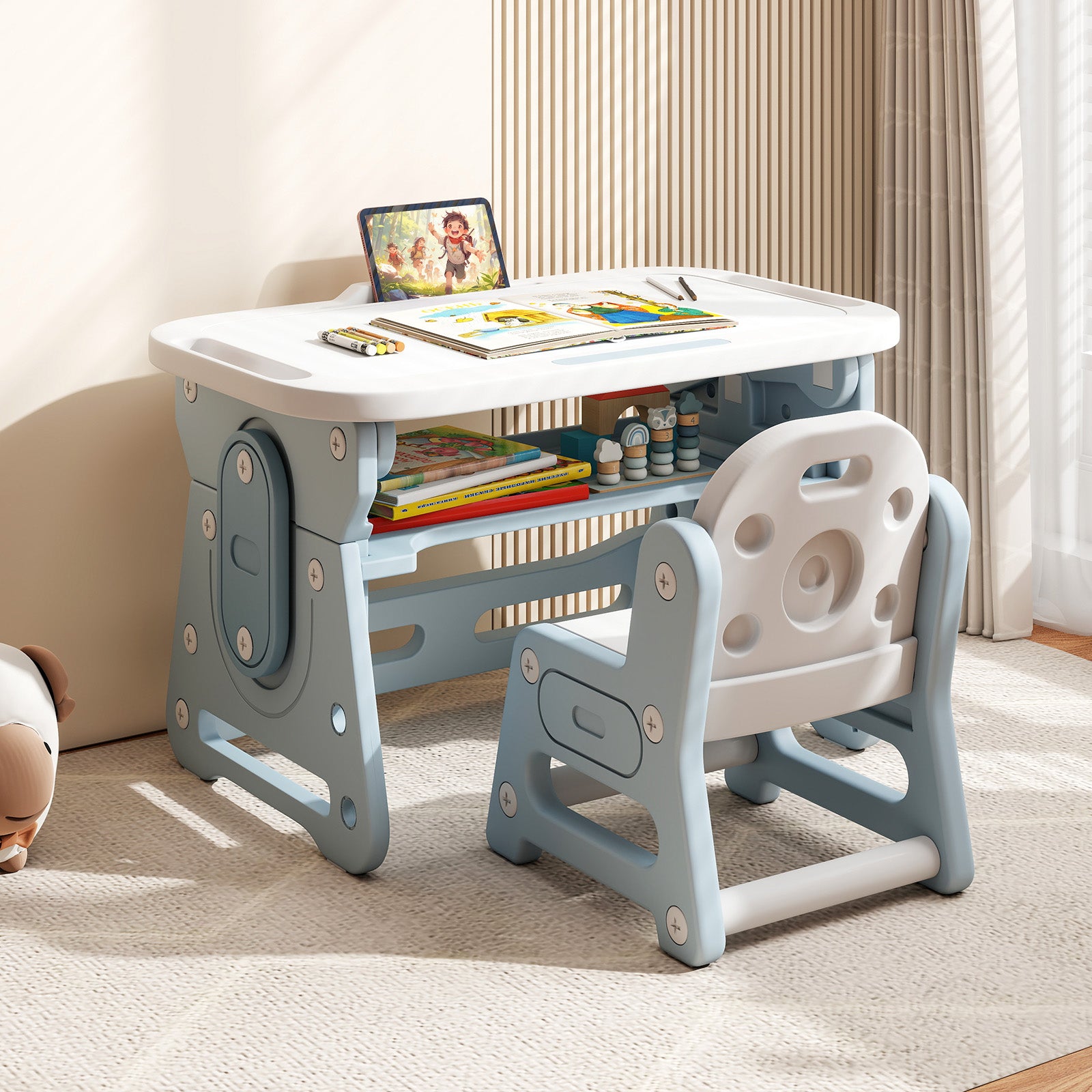 Height Adjustable Kids Table and Chair Set with Tiltable Whiteboard and Concave Shelf-Blue