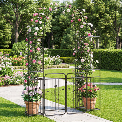87 inch Tall Garden Arch with Gate Planter Shelves Climbing Trellises