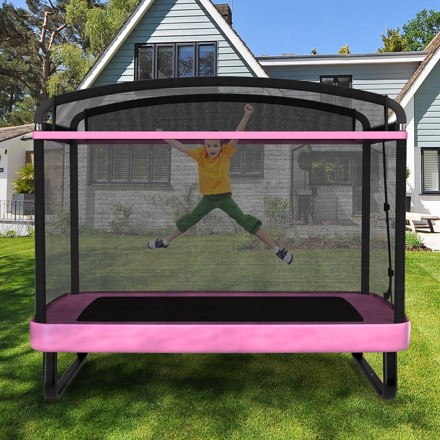 6 FT Kids Trampoline with Swing and Horizontal Bar Small Rectangle Trampoline-Pink
