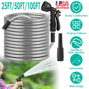 25FT/50FT/100FT Heavy Duty Stainless Steel Garden Hose Garden Watering Kit Metal Water Hose with 2 Nozzles 12 Patterns Flexible Extendable Kink Tangle
