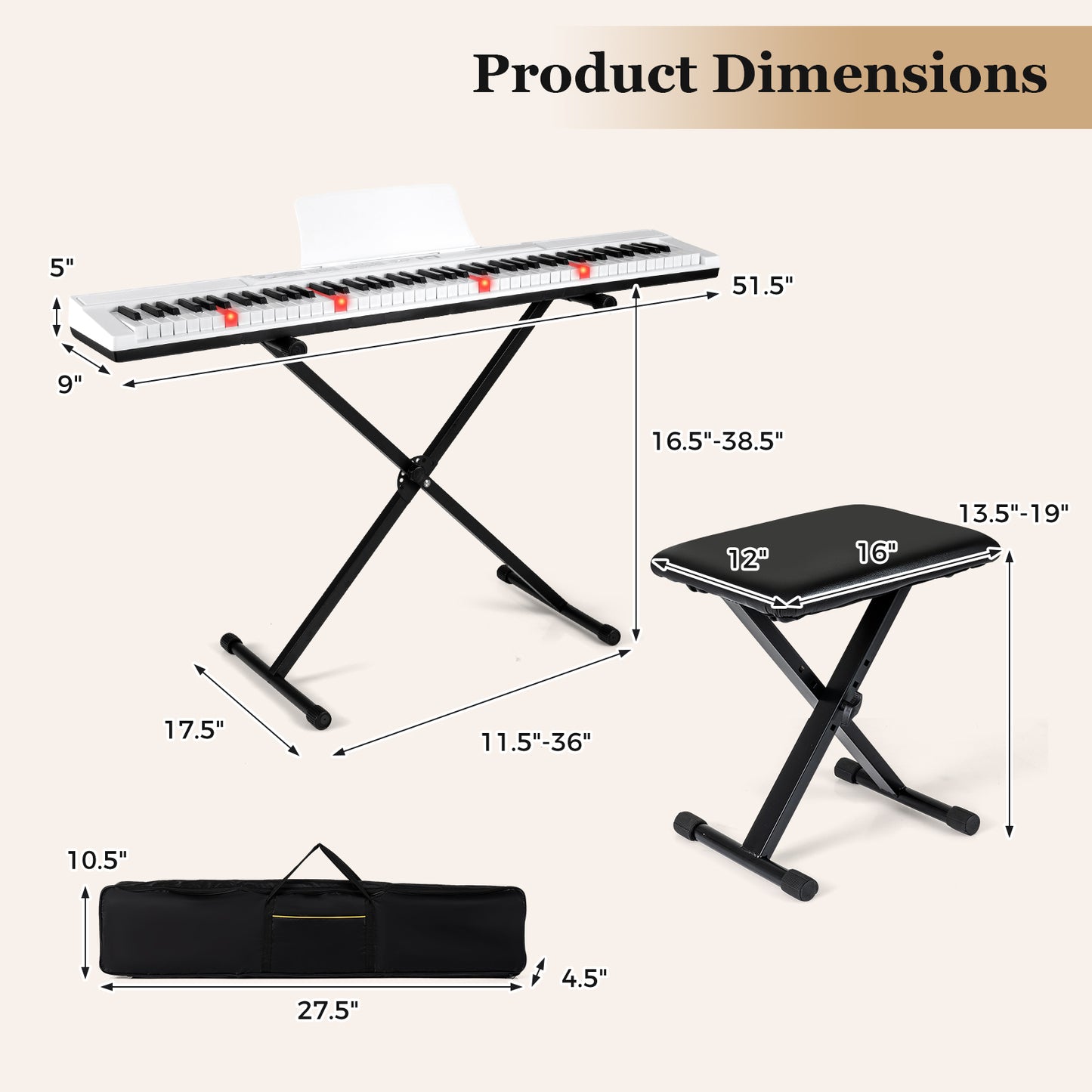 88-Key Electric Piano Keyboard with Adjustable Stand and Portable Bag-White