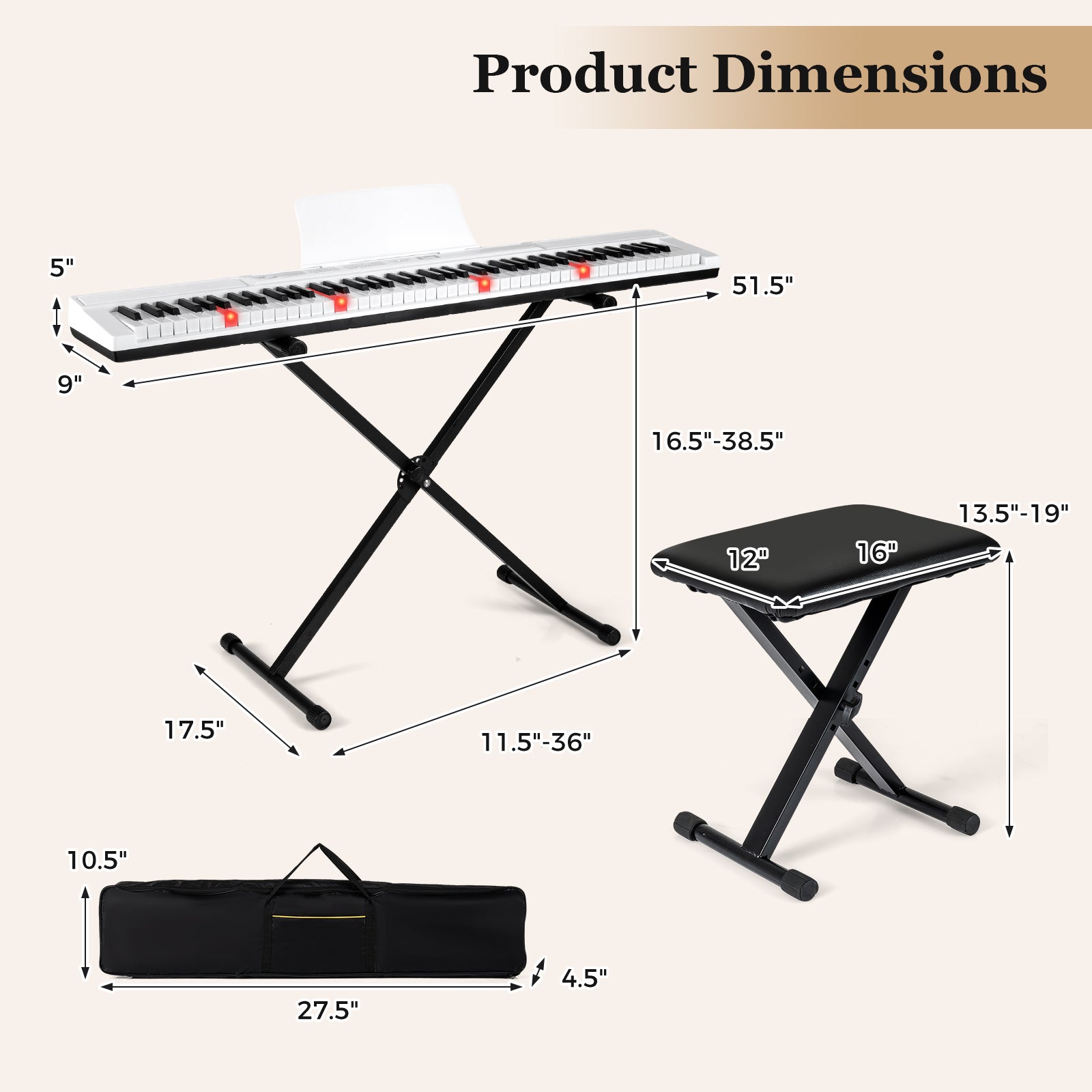 88-Key Electric Piano Keyboard with Adjustable Stand and Portable Bag-White
