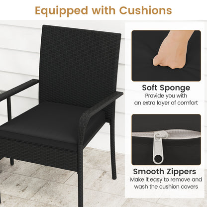 3 Piece Patio Furniture Set with Seat Cushions and Tempered Glass Tabletop-Black