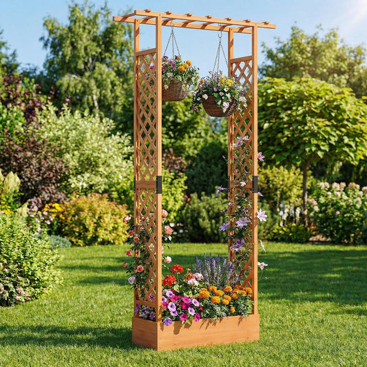 89 Inch Tall Wooden Raised Garden Bed with Side Trellis and Hanging Roof Drainage Holes-Orange