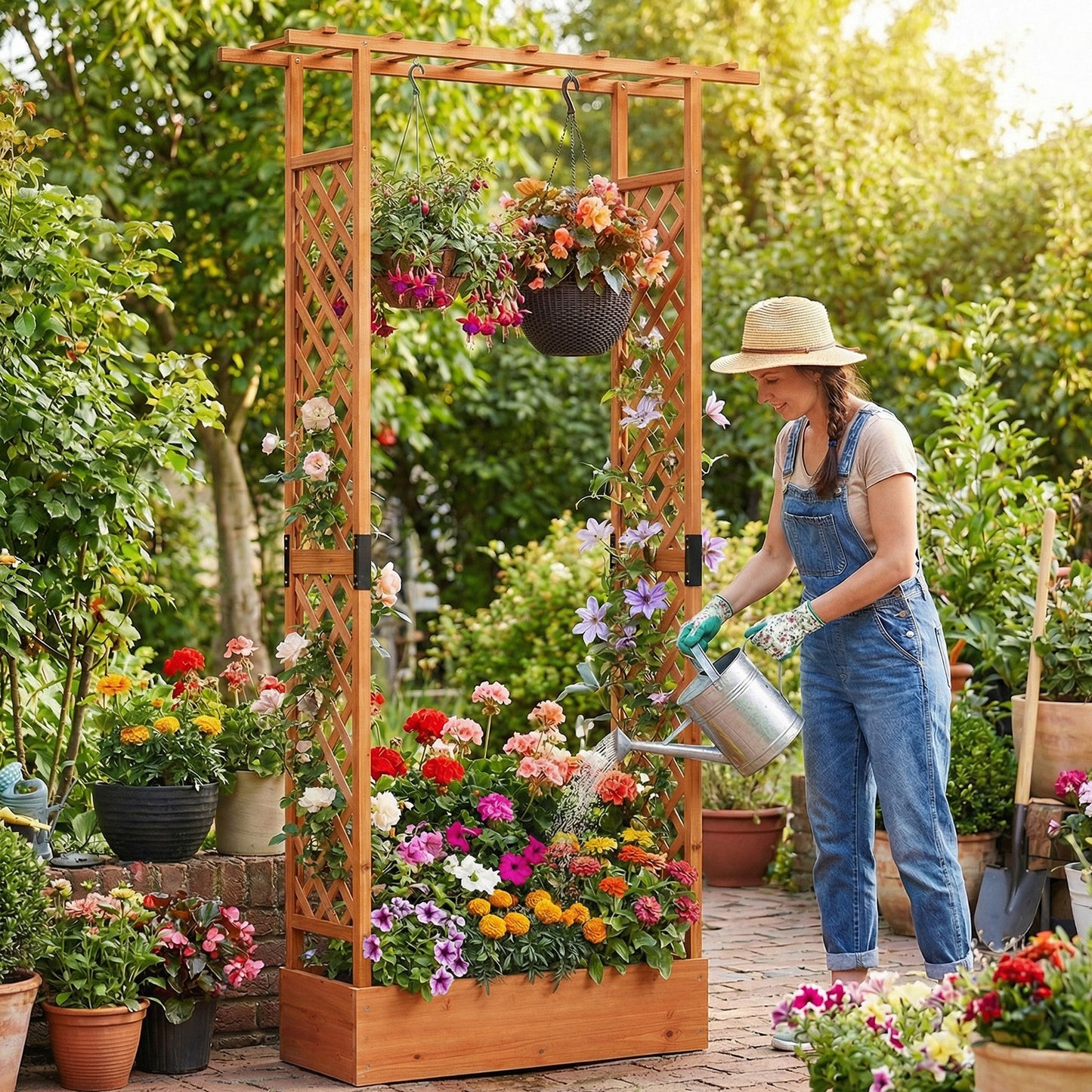 89 Inch Tall Wooden Raised Garden Bed with Side Trellis and Hanging Roof Drainage Holes-Orange