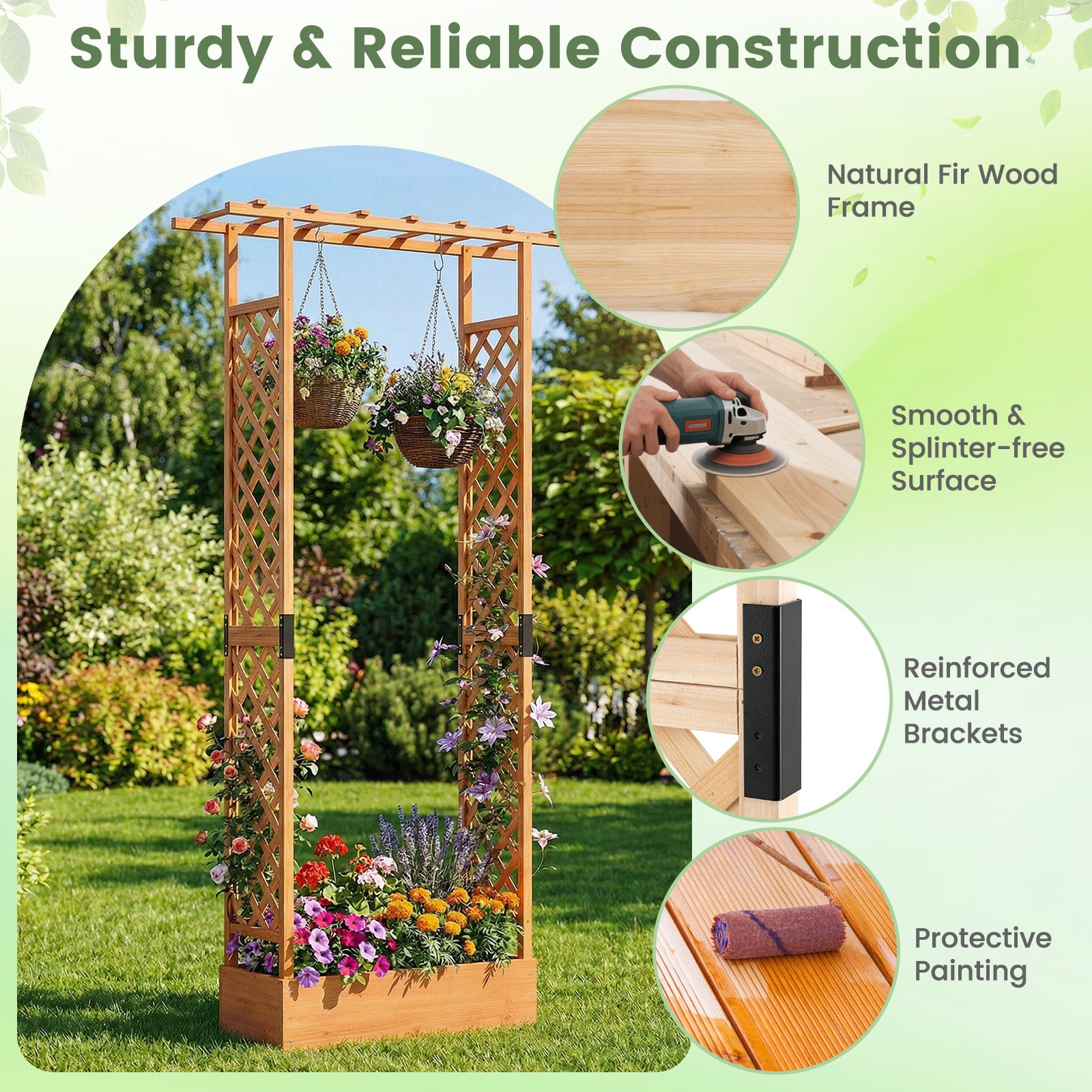 89 Inch Tall Wooden Raised Garden Bed with Side Trellis and Hanging Roof Drainage Holes-Orange