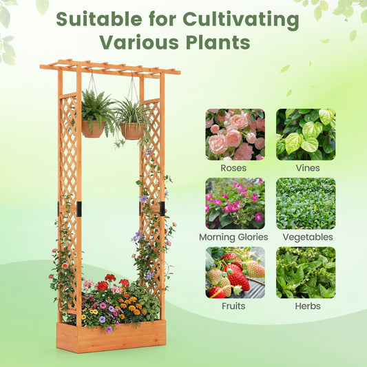 89 Inch Tall Wooden Raised Garden Bed with Side Trellis and Hanging Roof Drainage Holes-Orange