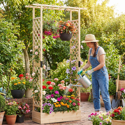 89 Inch Tall Wooden Raised Garden Bed with Side Trellis and Hanging Roof Drainage Holes-Natural