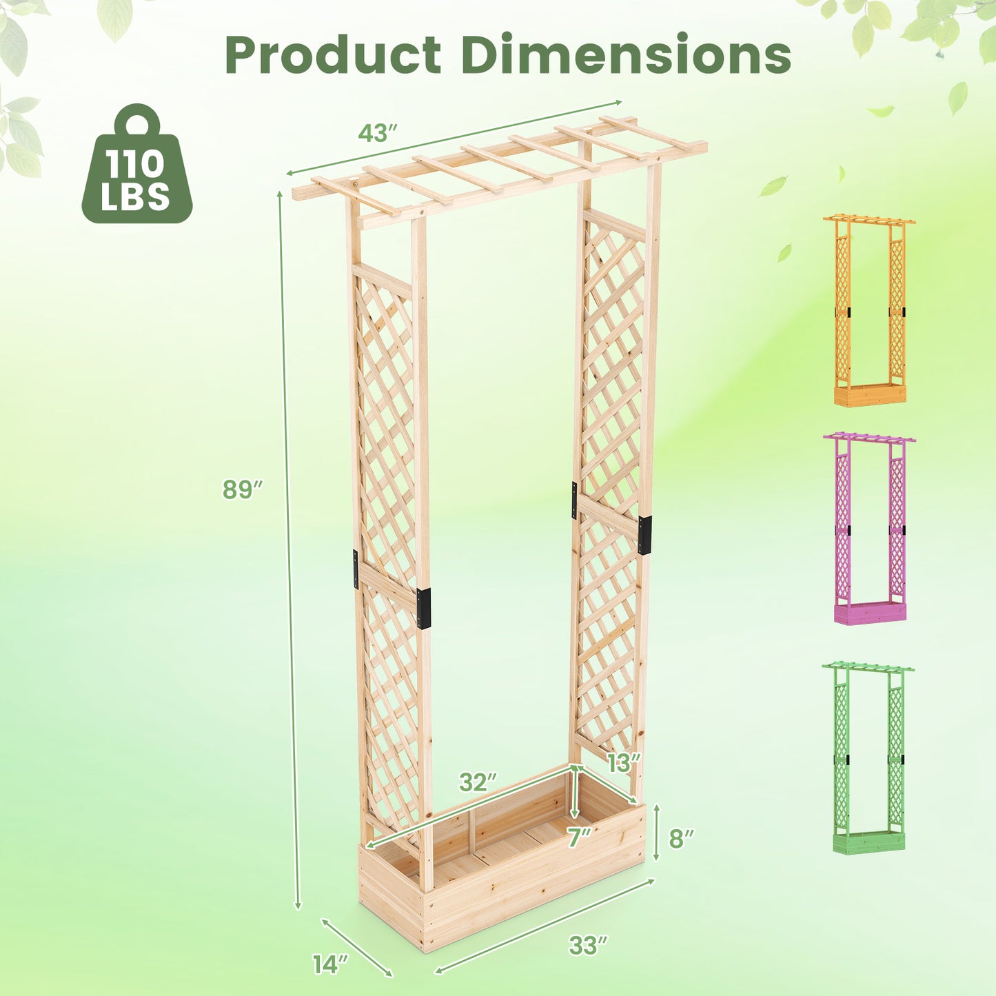 89 Inch Tall Wooden Raised Garden Bed with Side Trellis and Hanging Roof Drainage Holes-Natural