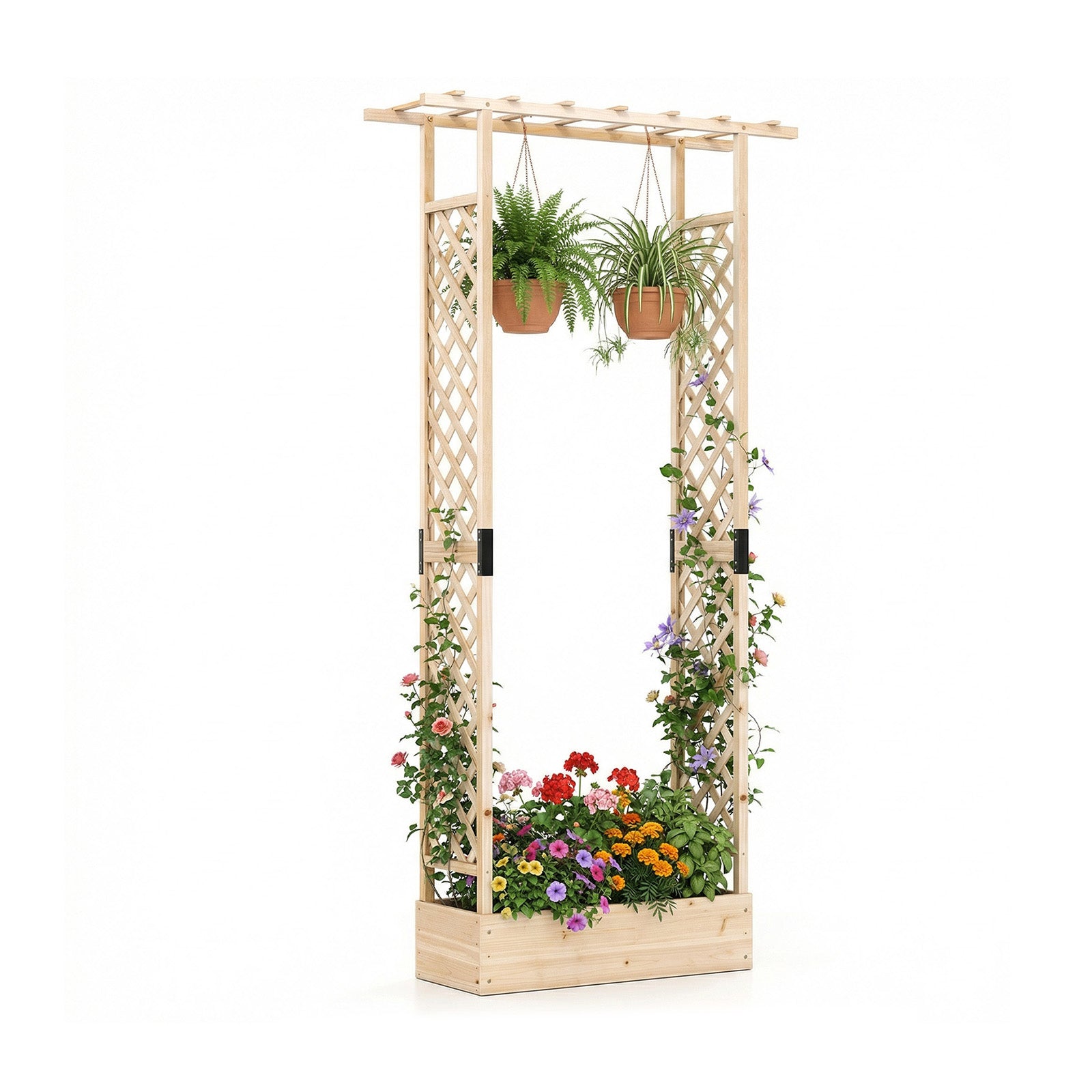 89 Inch Tall Wooden Raised Garden Bed with Side Trellis and Hanging Roof Drainage Holes-Natural