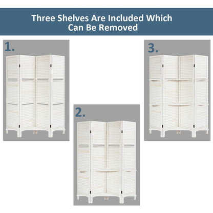4 Panel Folding Room Divider Screen with 3 Display Shelves