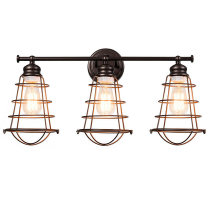3-Light Vanity Lamp Bathroom Fixture with Metal Wire Cage
