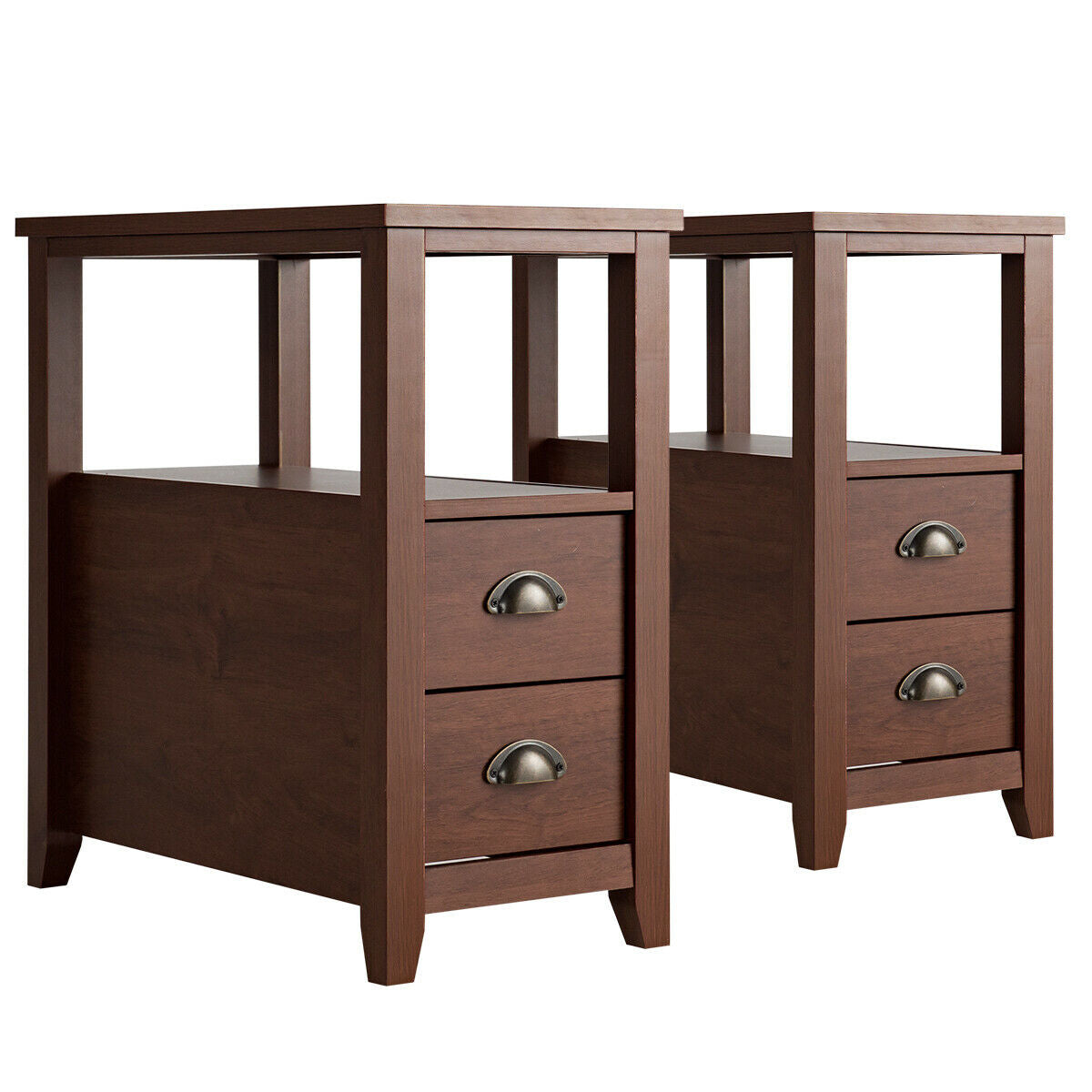 Set of 2 End Table Wooden with 2 Drawer & Shelf Bedside Table