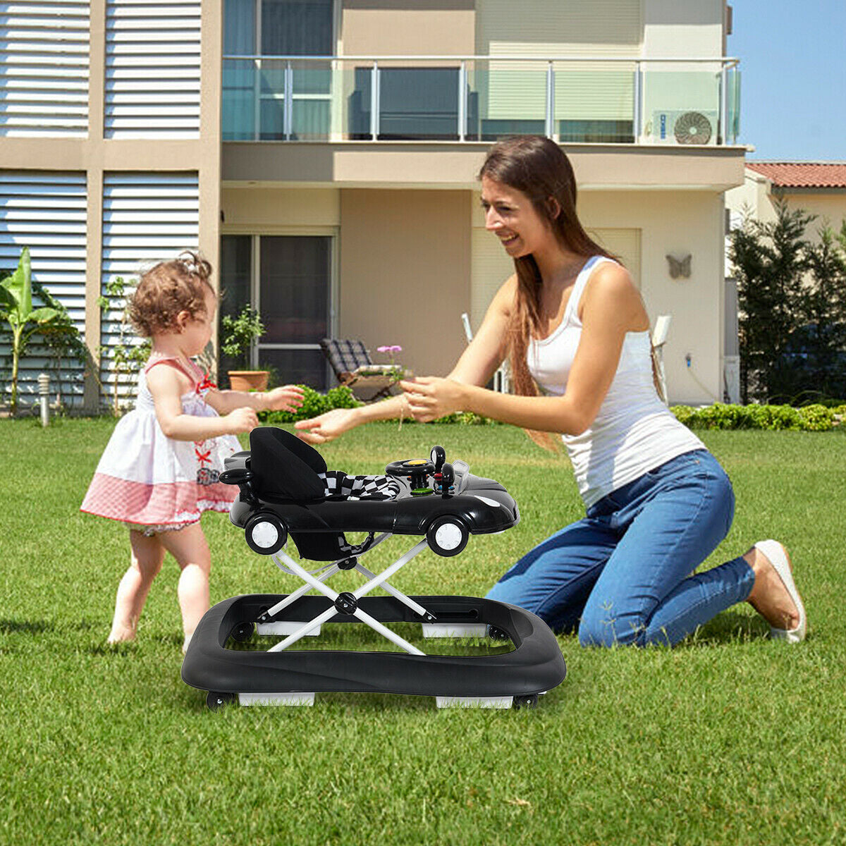 2-in-1 Foldable Baby Walker with Music Player and Lights-Black
