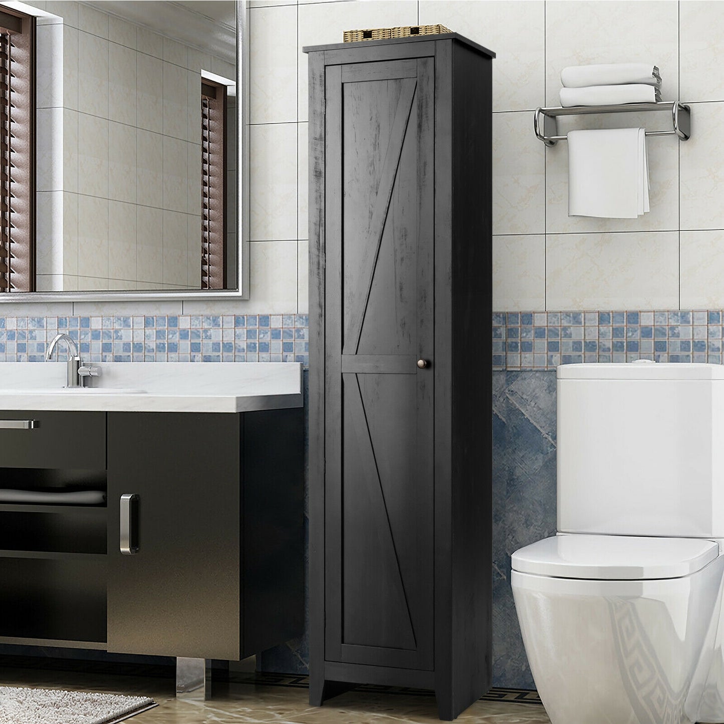 Linen Tower Bathroom Storage Cabinet Tall Slim Side Organizer with Shelf-Black - Black