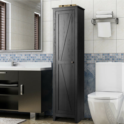 Linen Tower Bathroom Storage Cabinet Tall Slim Side Organizer with Shelf-Black - Black
