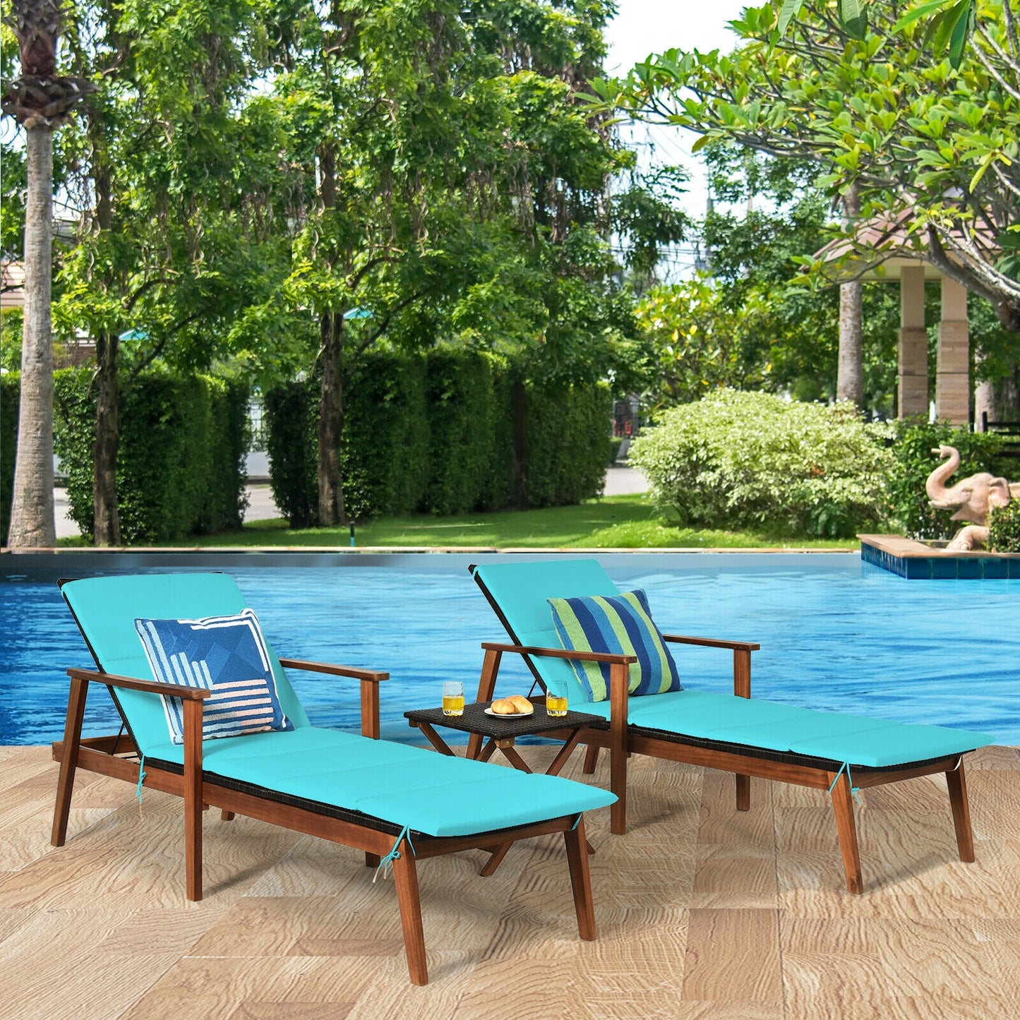 3 Pieces Portable Patio Cushioned Rattan Lounge Chair Set with Folding Table