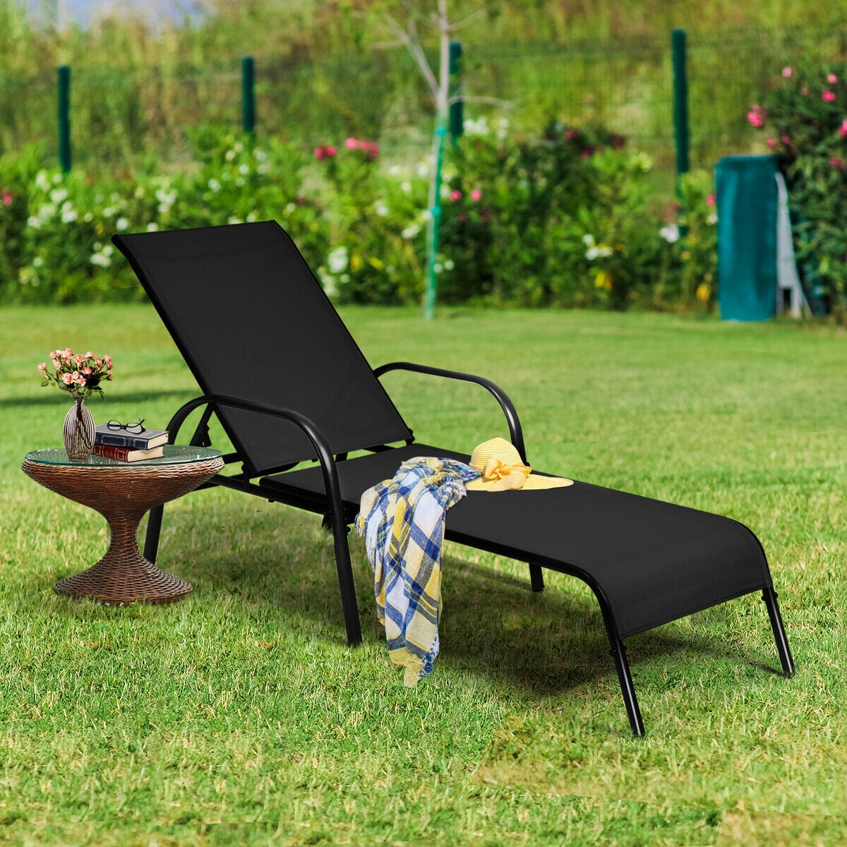2 Pcs Outdoor Patio Lounge Chair Chaise Fabric with Adjustable Reclining Armrest-Brown
