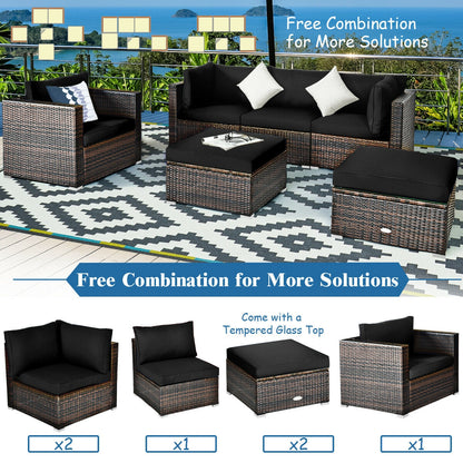 6 Pcs Patio Rattan Furniture Set with Sectional Cushion