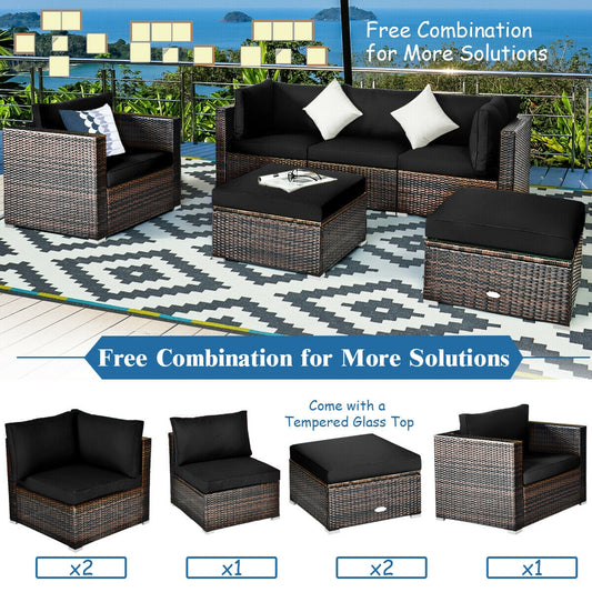 6 Pcs Patio Rattan Furniture Set with Sectional Cushion