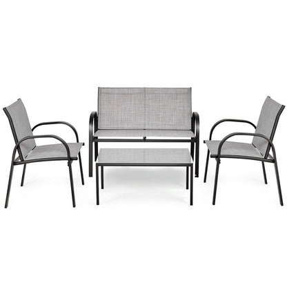 4 Pieces Patio Furniture Set with Glass Top Coffee Table-Brown - Gray
