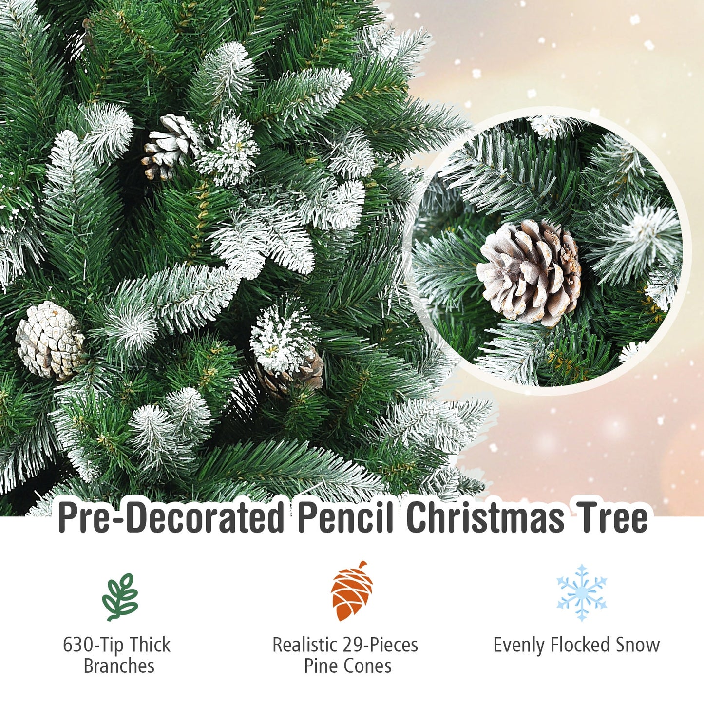 5/6/7.5 Feet Artificial Pencil Christmas Tree with Pine Cones-6 Feet