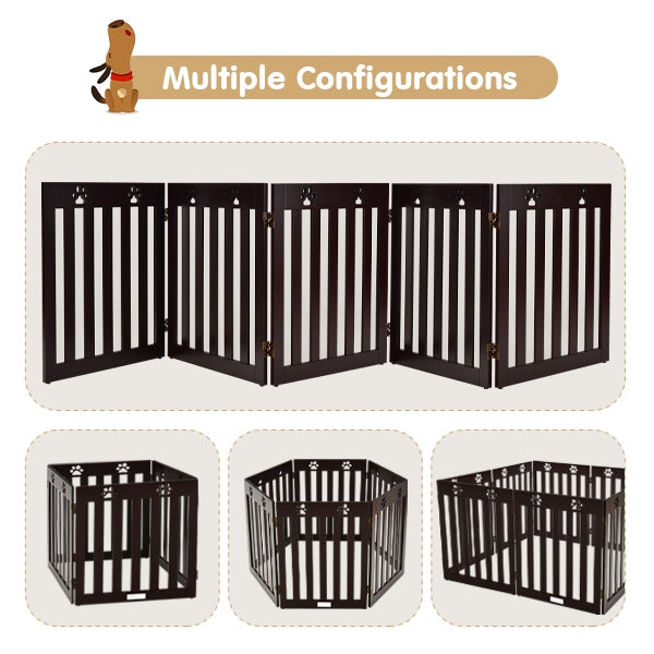 24 Inch Folding Wooden Freestanding Dog Gate with 360¬∞ Flexible Hinge for Pet-Dark Brown