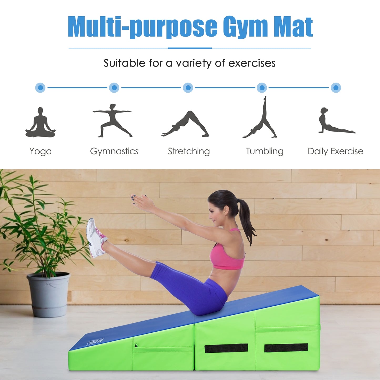 Folding Wedge Exercise Gymnastics Mat with Handles-Green