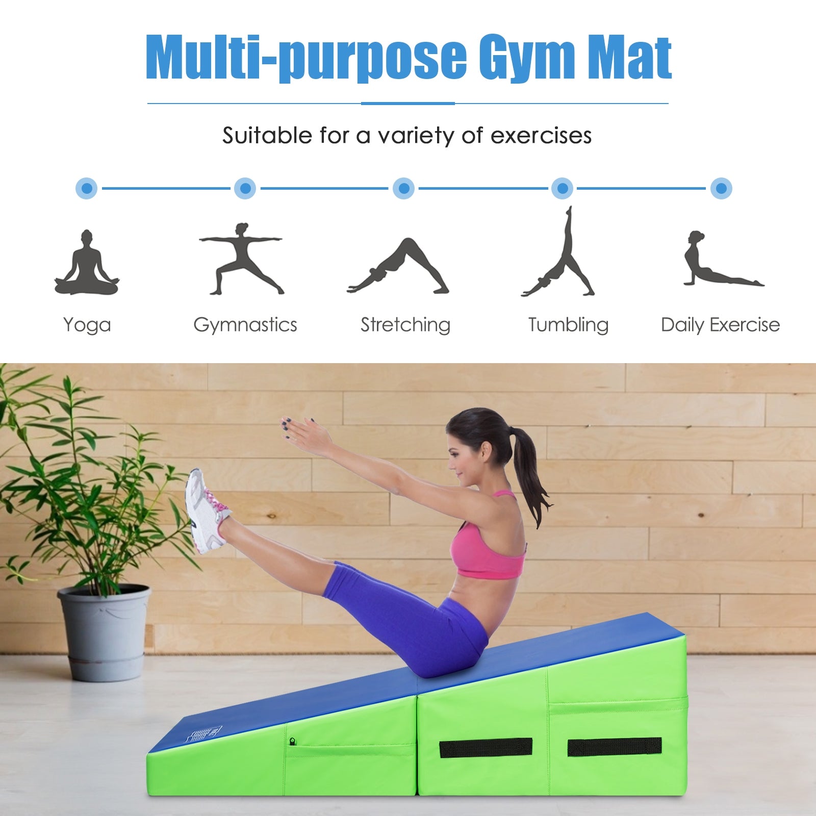 Folding Wedge Exercise Gymnastics Mat with Handles-Green