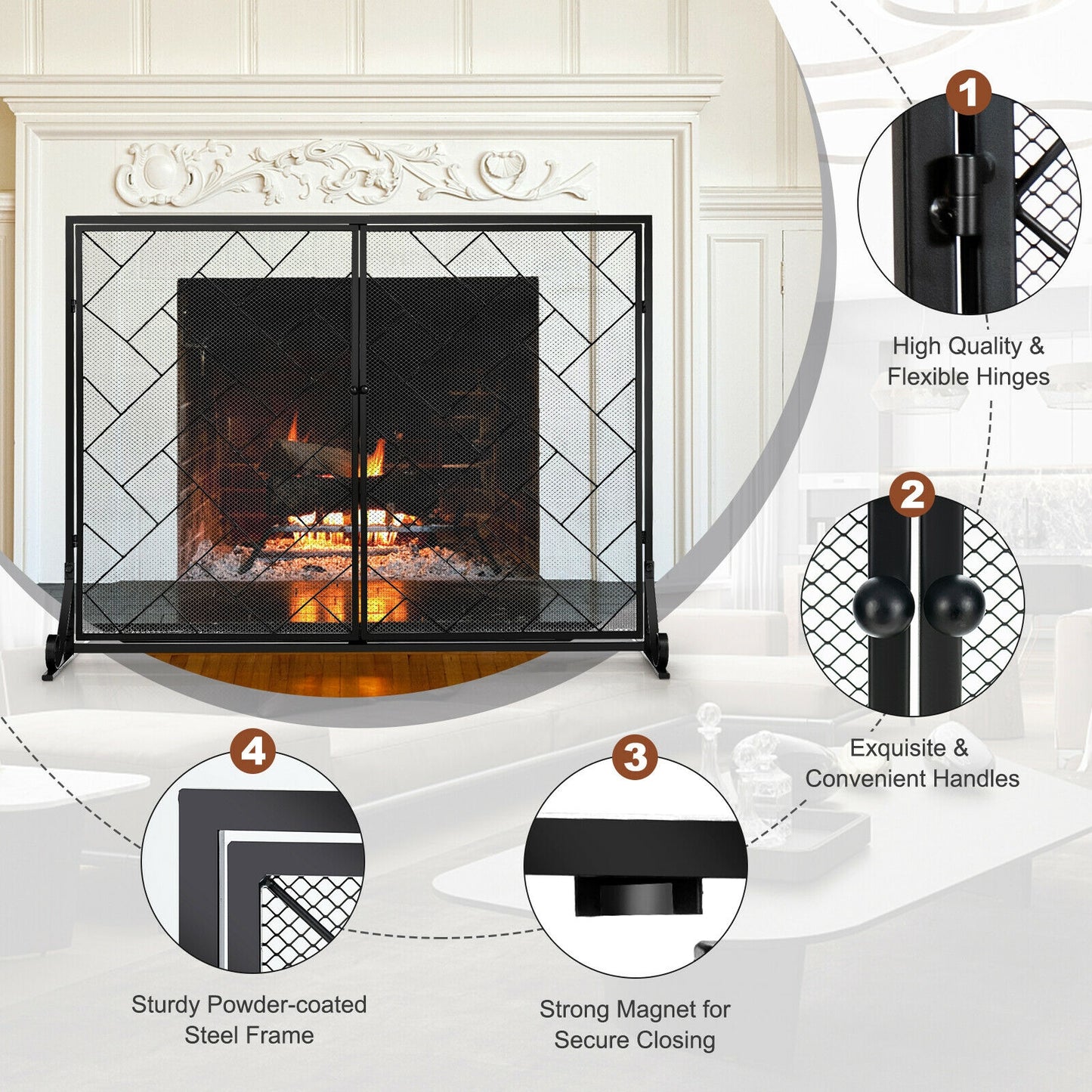2-Panel Fireplace Screen Folding Metal Fire Place Safety Fence with Magnetic Doors-Black