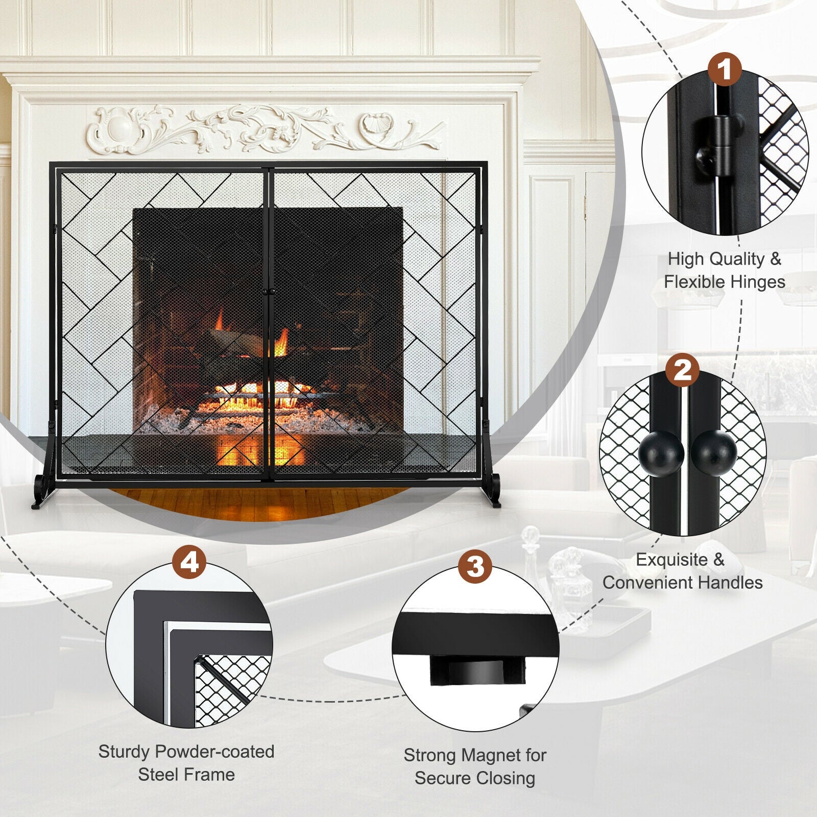 2-Panel Fireplace Screen Folding Metal Fire Place Safety Fence with Magnetic Doors-Black