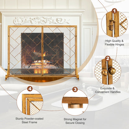 3-Panel Folding Wrought Iron Fireplace Screen with Doors and 4 Pieces Tools Set-Golden