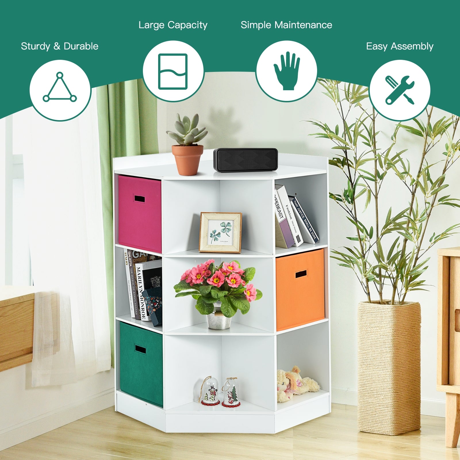3-Tier Kids Storage Shelf Corner Cabinet with 3 Baskets-White - White