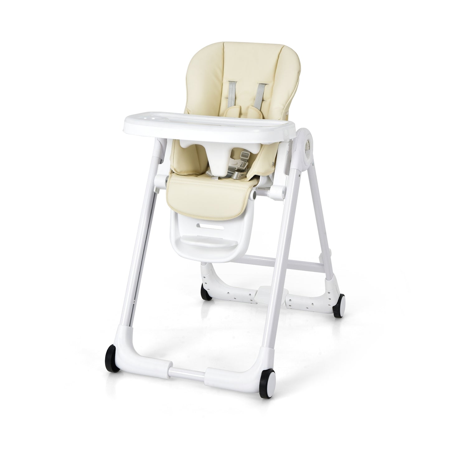 Baby Folding Convertible High Chair with Wheels and Adjustable Height-Beige