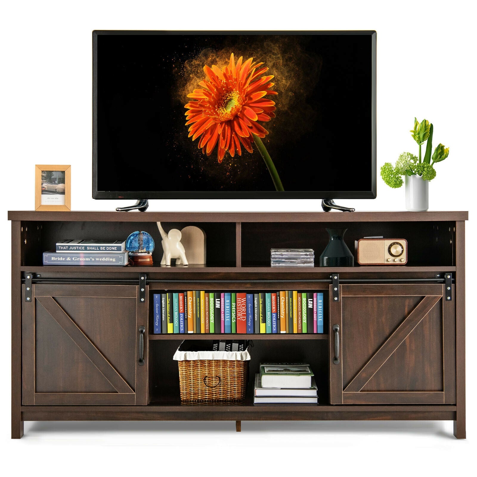 59 Inch Sliding Barn Door TV Stand with Adjustable Shelves for TVs up to 65 Inch