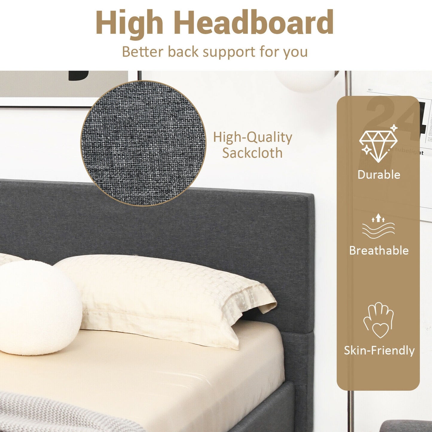 Full/Queen Size Upholstered Platform Bed Frame with Linen Headboard-Queen Size