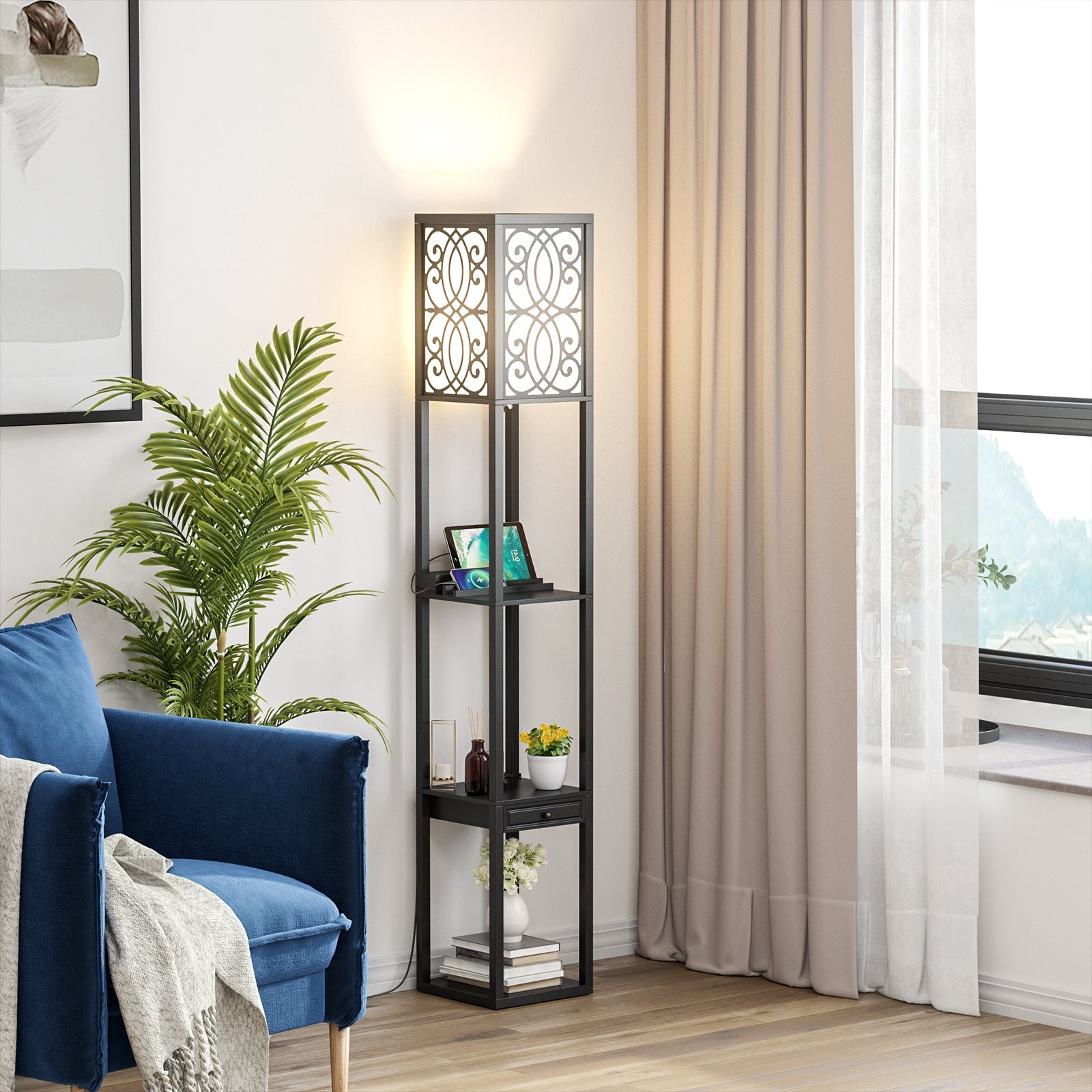 Modern Standing Shelf Lamp with 1 Power Outlet and 2 USB Ports