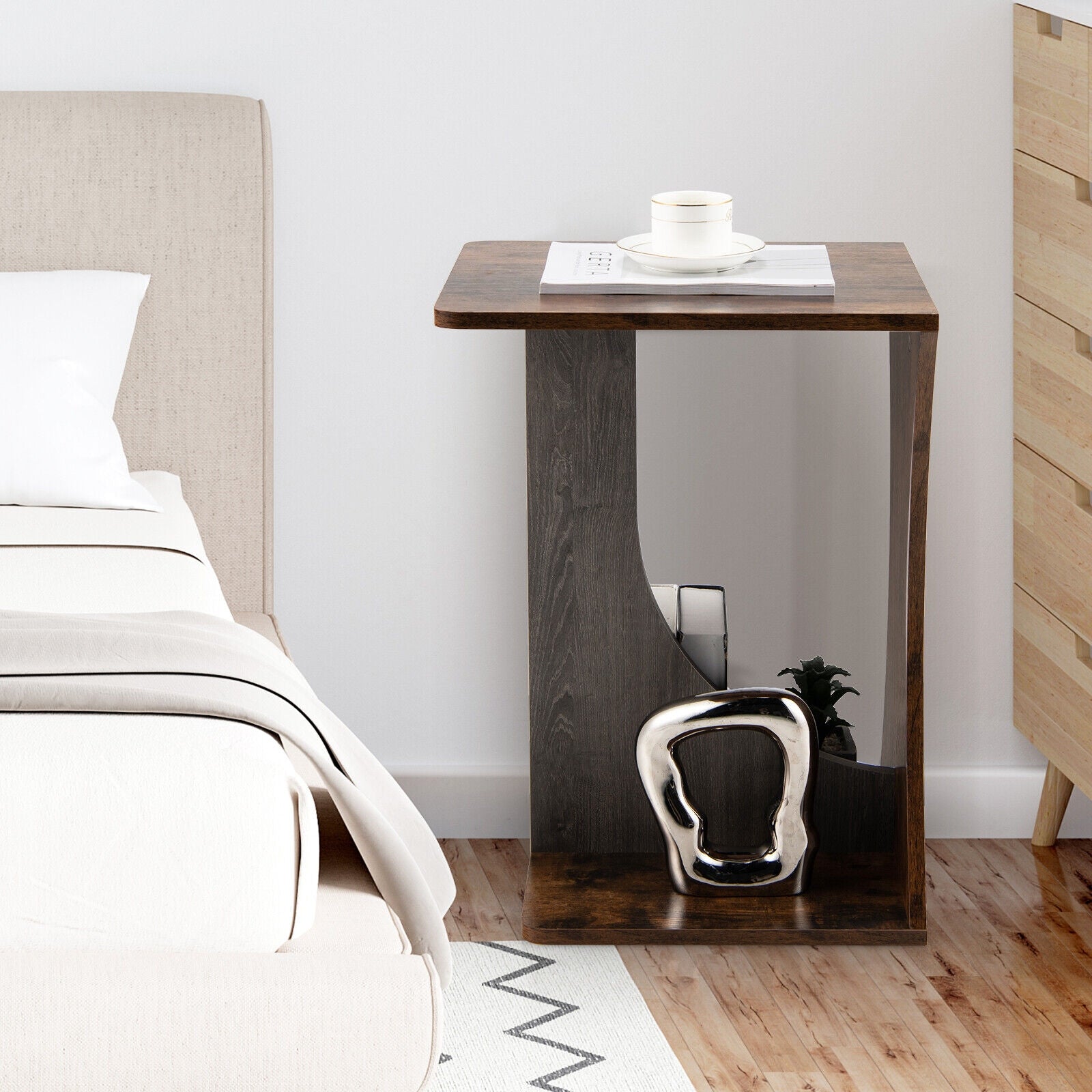 2-Tier Compact C-shape Sofa Side Table-Rustic Brown