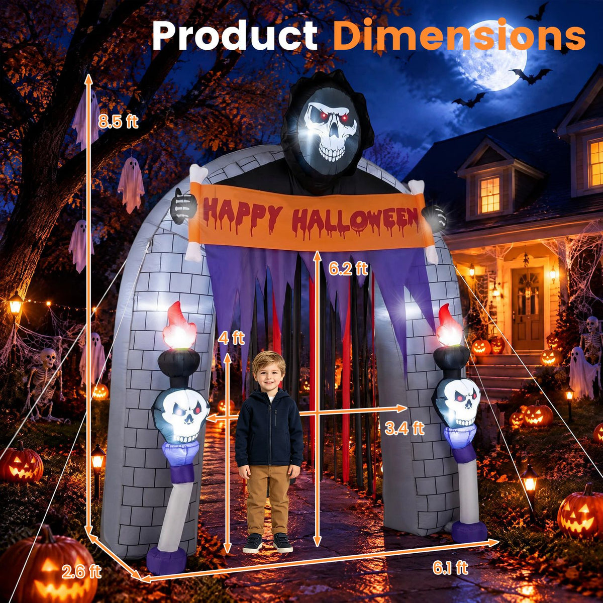 8.5 FT Halloween Haunted Reaper Archway with Built-in LED Lights for Yard Garden Party