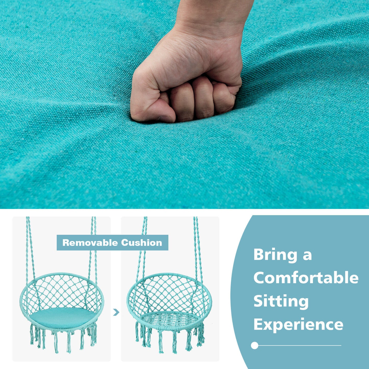 Cushioned Hammock Swing Chair with Hanging Kit-Turquoise