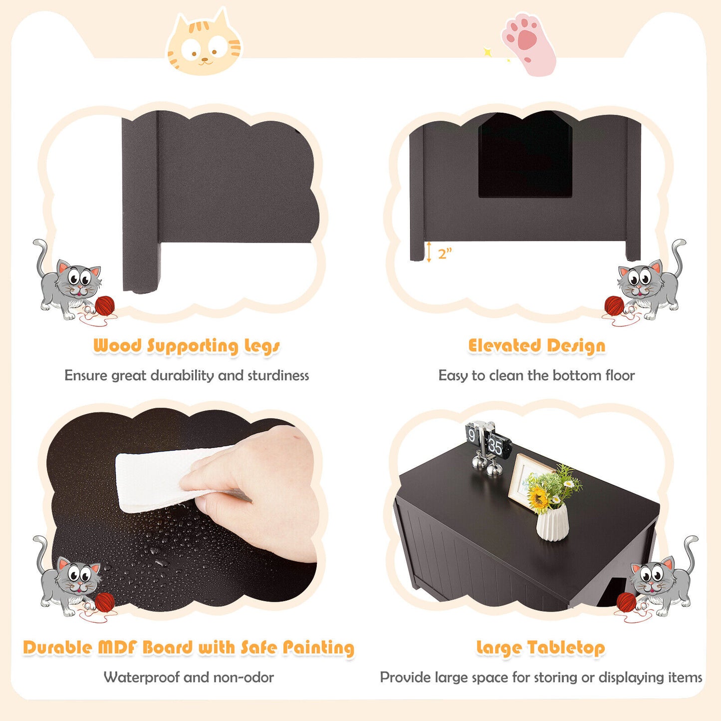 Wooden Cat Litter Box Enclosure with Top Opening Side Table Furniture-Coffee