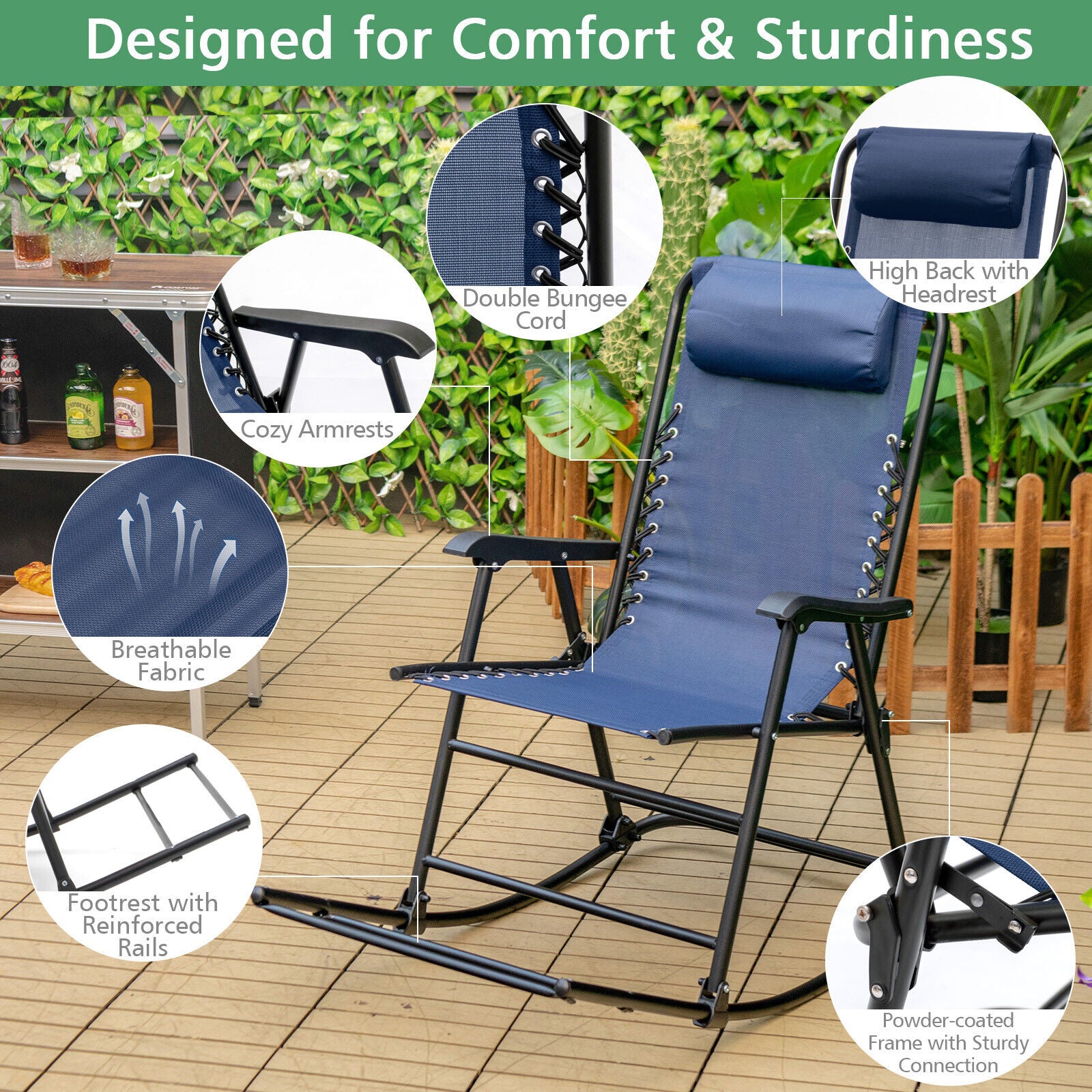 Outdoor Patio Camping Lightweight Folding Rocking Chair with Footrest-Blue