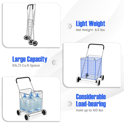 Portable Folding Shopping Cart Utility for Grocery Laundry-Silver