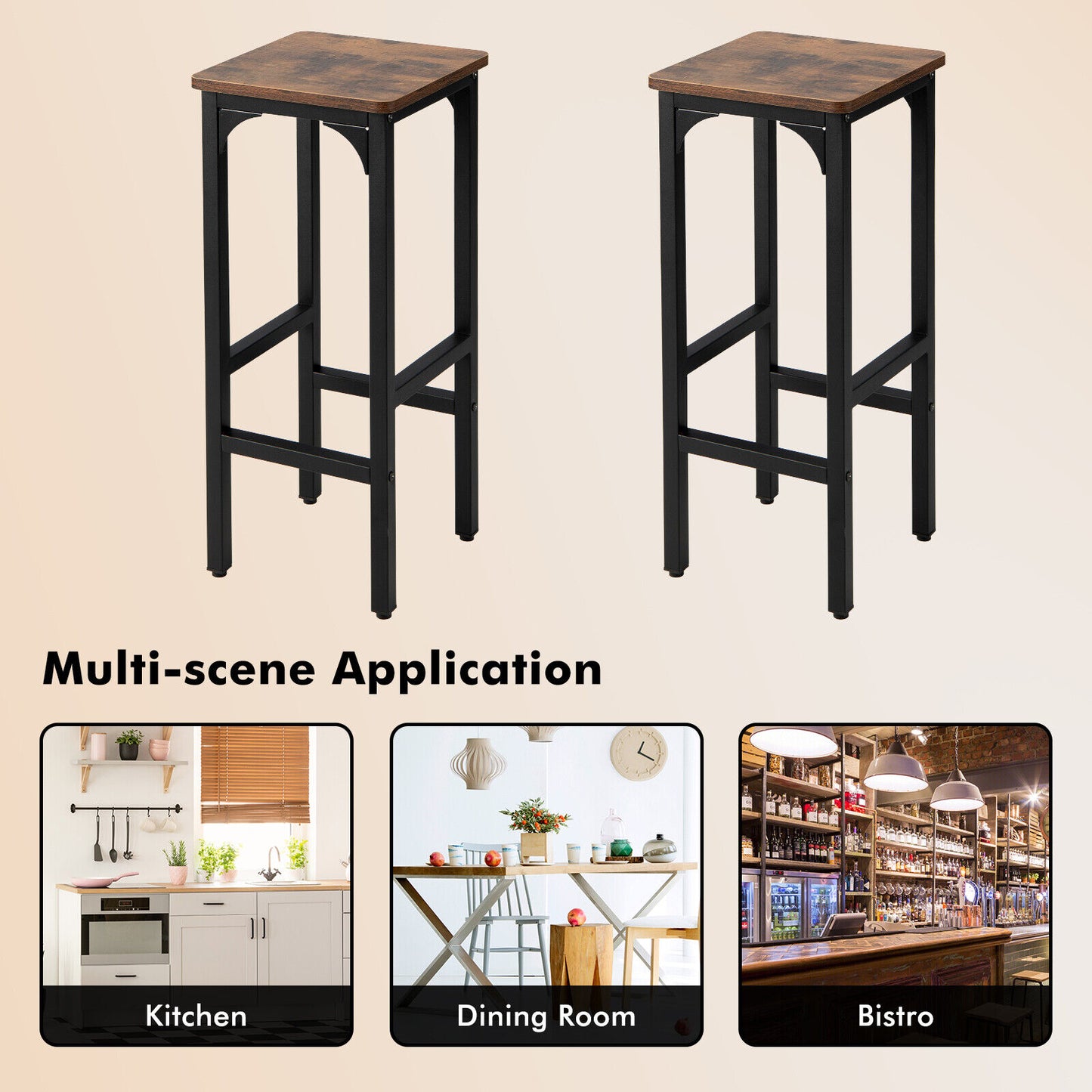 2 Pieces 28 Inch Dining Bar Chair Set with Footrest and Adjustable Pads-Rustic Brown