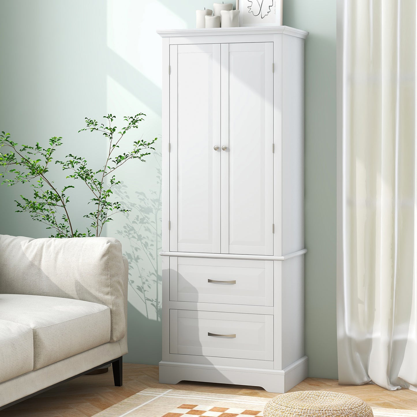 62 Inch Freestanding Bathroom Cabinet with Adjustable Shelves and 2 Drawers-White