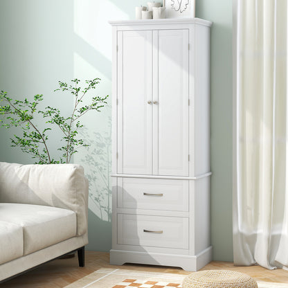 62 Inch Freestanding Bathroom Cabinet with Adjustable Shelves and 2 Drawers-White