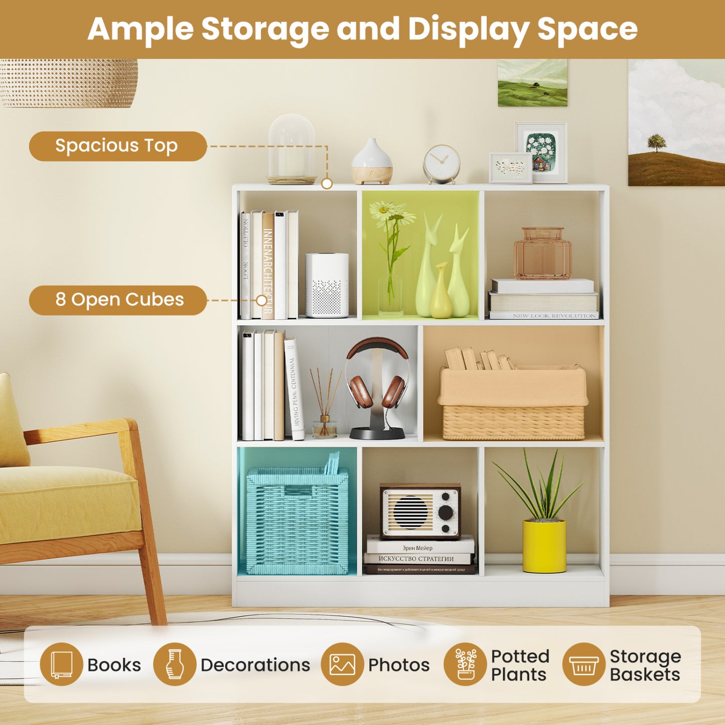 8-Cube Bookcase 3-Tier Storage Organizer with Anti-Tip Kit