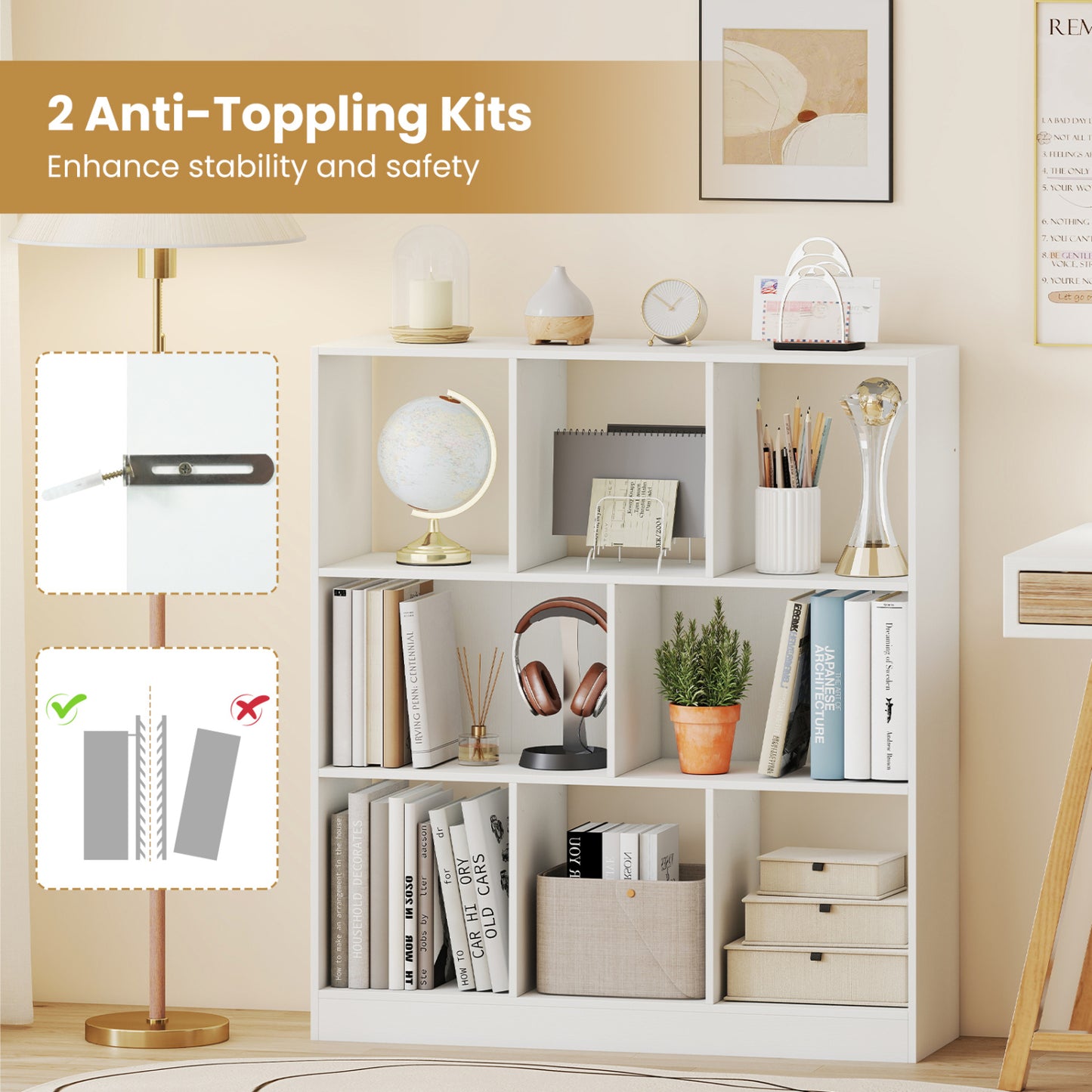 8-Cube Bookcase 3-Tier Storage Organizer with Anti-Tip Kit