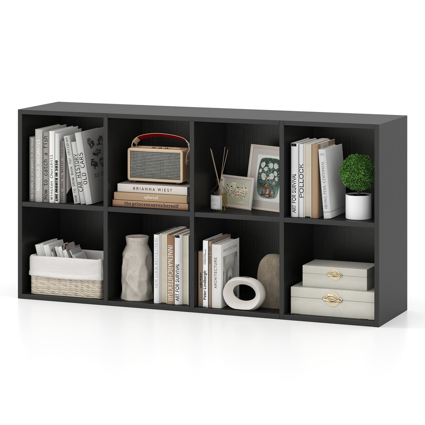 8-Cube Bookcase Bookshelf with 2 Anti-Tipping Kits Storage Organizer-Natural - Black