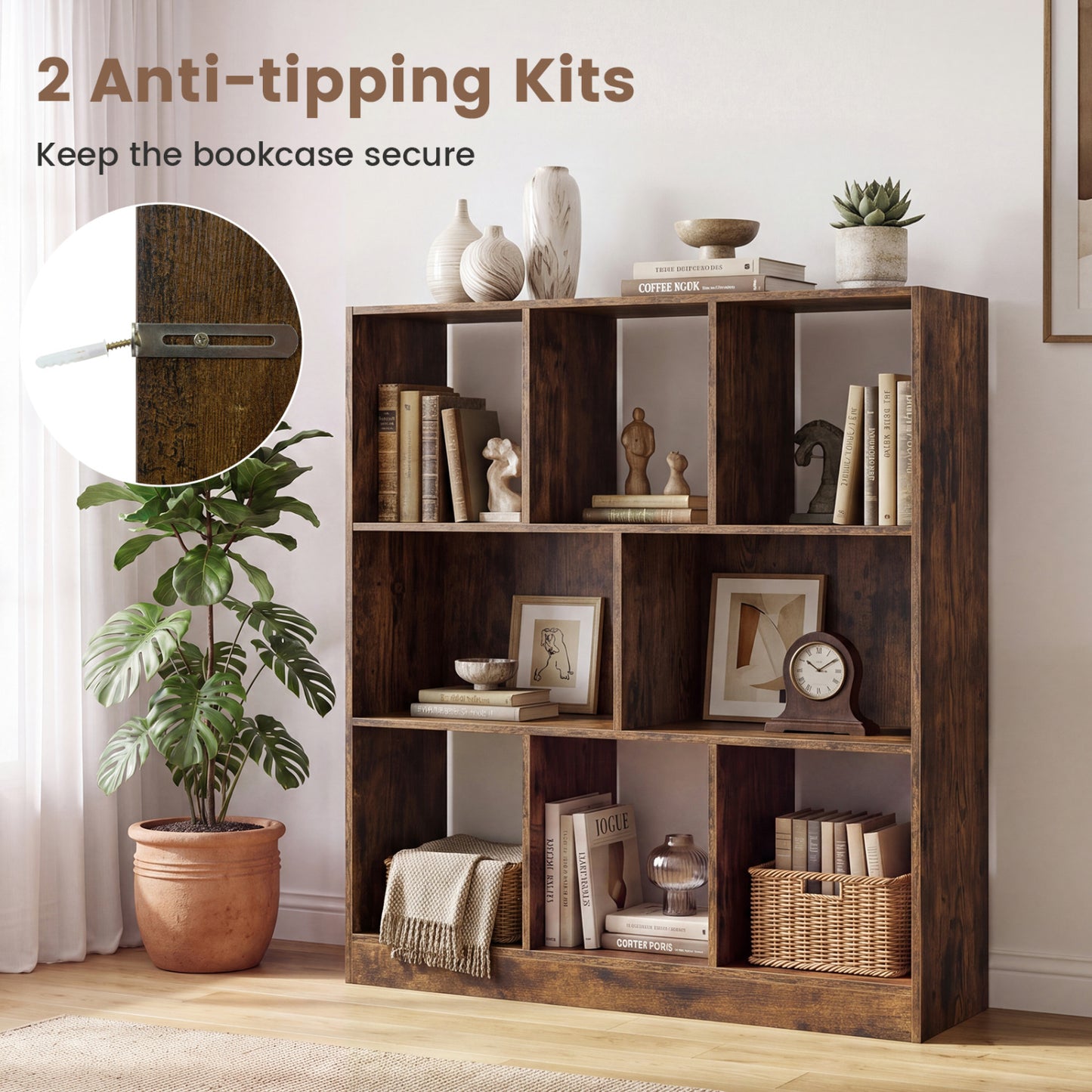 8-Cube Bookcase 3-Tier Storage Organizer with Anti-Tip Kit
